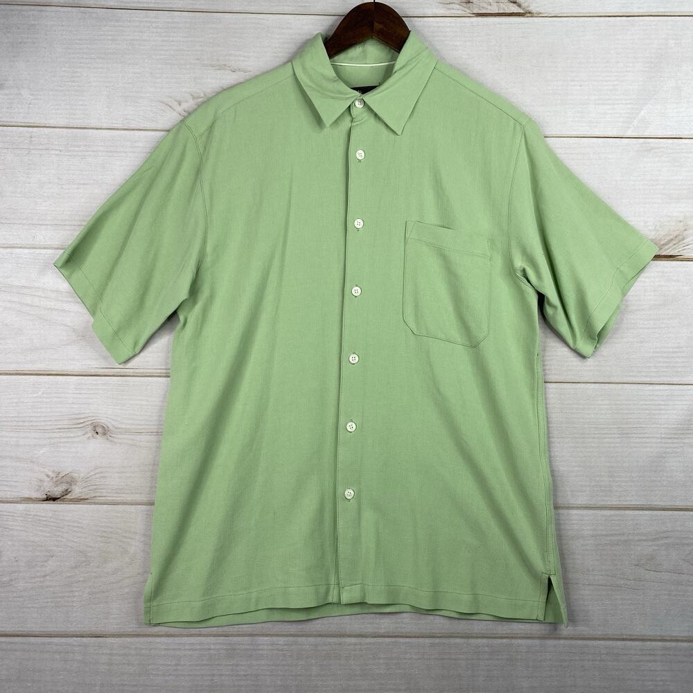 Vintage Toscano Shirt Mens M Green Woven Silk Pocket Button Up Short Sleeve